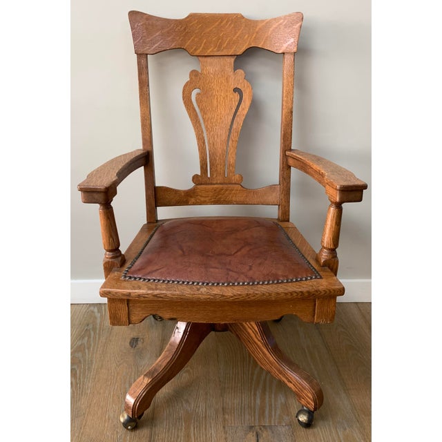 Antique Oak Swivel Desk Chair For Sale In Los Angeles - Image 6 of 6