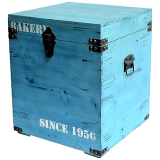 Blue Wooden Cube Box, Side Table, Bakery Print New For Sale