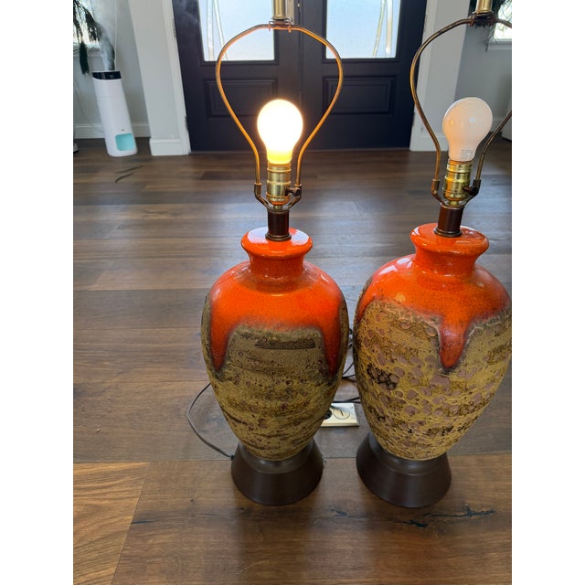 Burnt Orange Vintage Mid Century Drip Glaze Ceramic Table Lamps – a Pair For Sale - Image 8 of 9