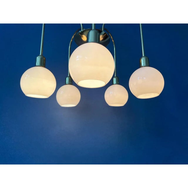 Mid-Century Gold Brass Opaline Glass Chandelier For Sale - Image 5 of 11