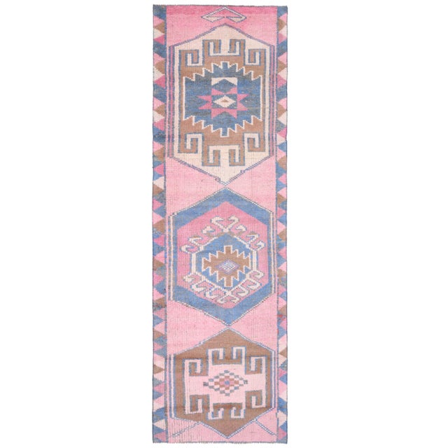 1970s Vintage Turkish Oushak Handmade Wool Cotton Pink Runner Rug For Sale - Image 12 of 12