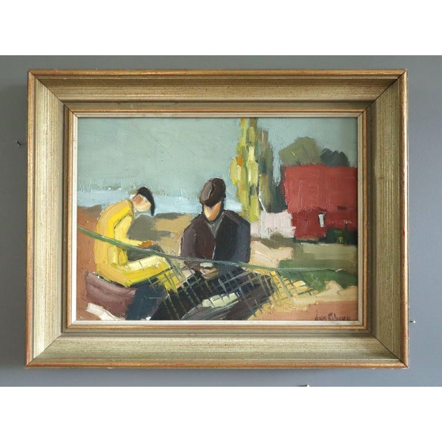 THE NET MENDERS Size: 15 x 18.9 inches (including frame) Oil on canvas An evocative mid-century modernist landscape...