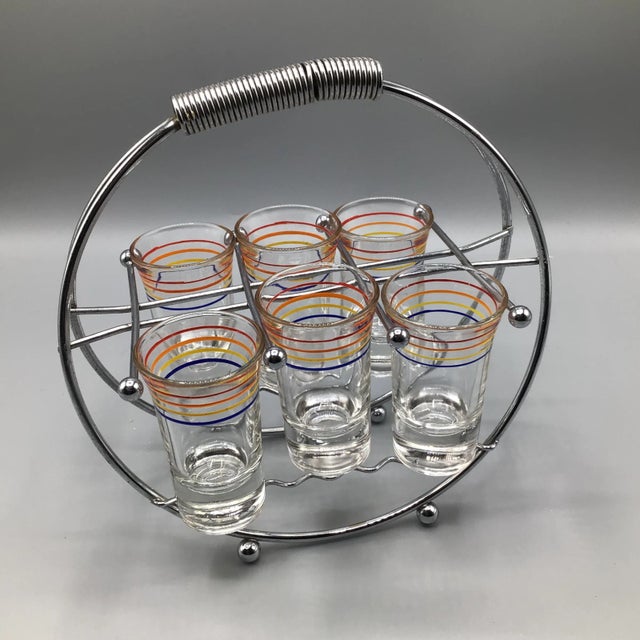 1960s Vintage Chrome Plated Shot Glass Caddy With 7 Striped 2 Oz. Shot Glasses-Set of 8 For Sale - Image 5 of 13