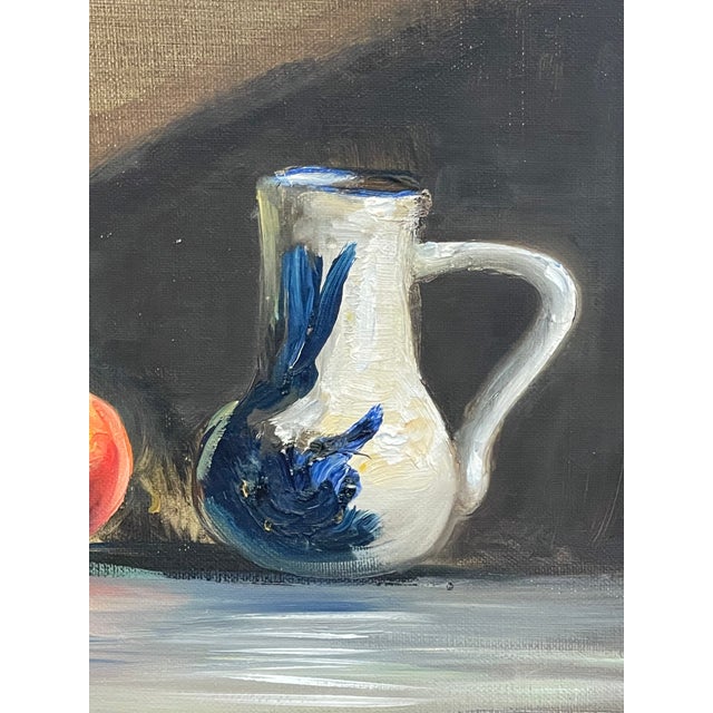 Textile Vintage Still Life Oil Painting With Bottle, Ceramic Pitcher and Apple on Canvas Board For Sale - Image 7 of 10