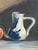 Textile Vintage Still Life Oil Painting With Bottle, Ceramic Pitcher and Apple on Canvas Board For Sale - Image 7 of 10