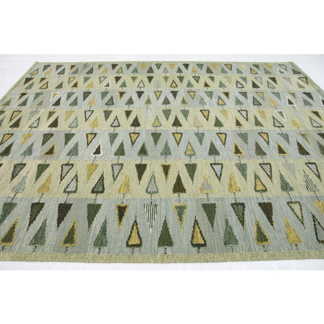 Textile Modern Swedish Style Geometric Pattern Handmade Green Wool Rug For Sale - Image 7 of 12