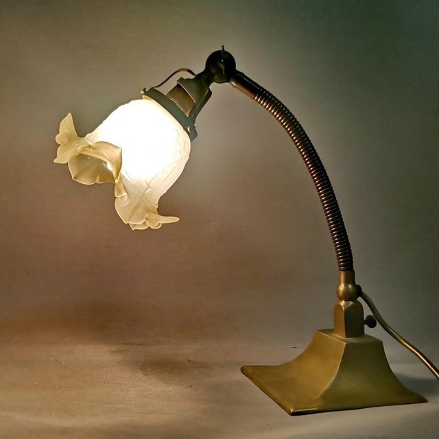 Art Nouveau Flexible Brass Goose Neck and Glass Table Lamp, 1950s For Sale - Image 3 of 13