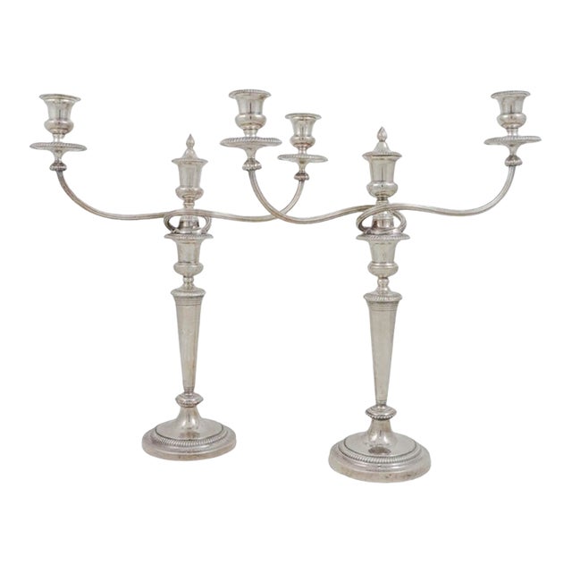 A Pair of Large Neoclassical Silverplate 2 - Arm Convertible Candelabra For Sale