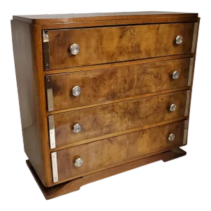 Early 20th Century French Art Deco Burl Walnut Chest of 4 Drawers with Polished Nickel Hardware