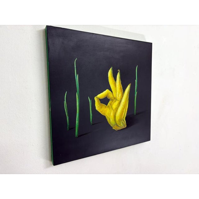 Plastic Natasha Lelenco, Organic Hand Gesture with Citrus Form and Digital Symbolism, 2026, Acrylic on Panel For Sale - Image 7 of 10