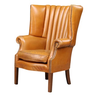 Sculptural Barrel-Back Wing Chair in Patinated Cognac Leather, 1870 For Sale