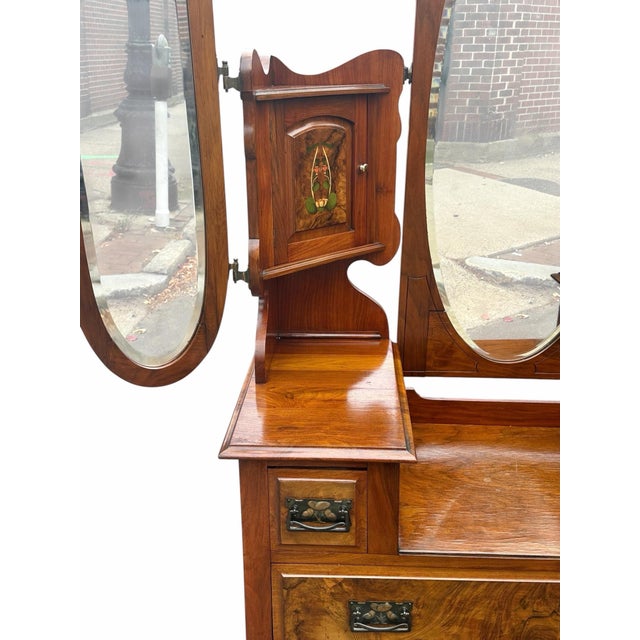 Antique Art Nouveau Burled Walnut Ladies Dresser With Oval Folding Mirrors For Sale - Image 9 of 11