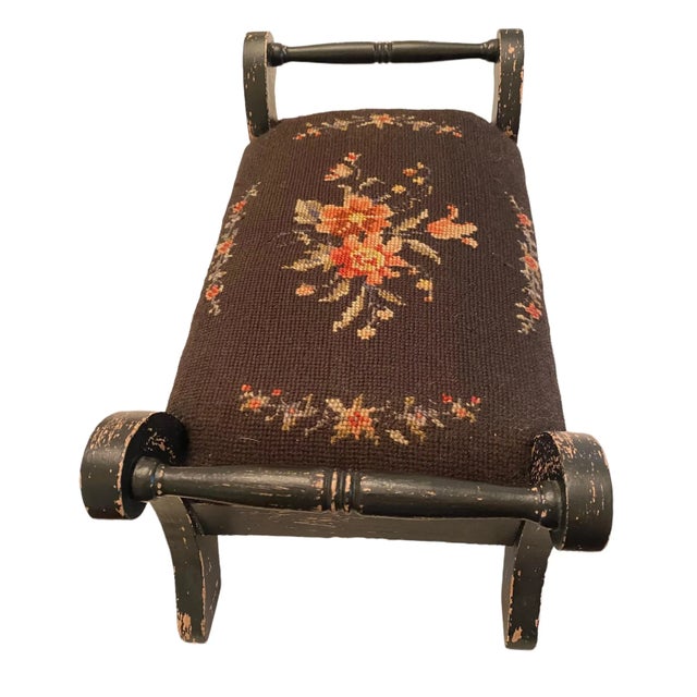 Early 20th Century Vintage French Country Two Handle Floral Needlepoint Cricket Foot Stool For Sale - Image 5 of 13