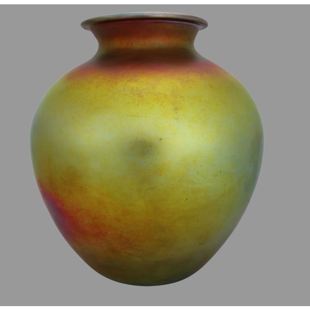 Large antique American iridescent art glass vase, attributed to Steuben Glass Works and the Frederick Carder era, with...