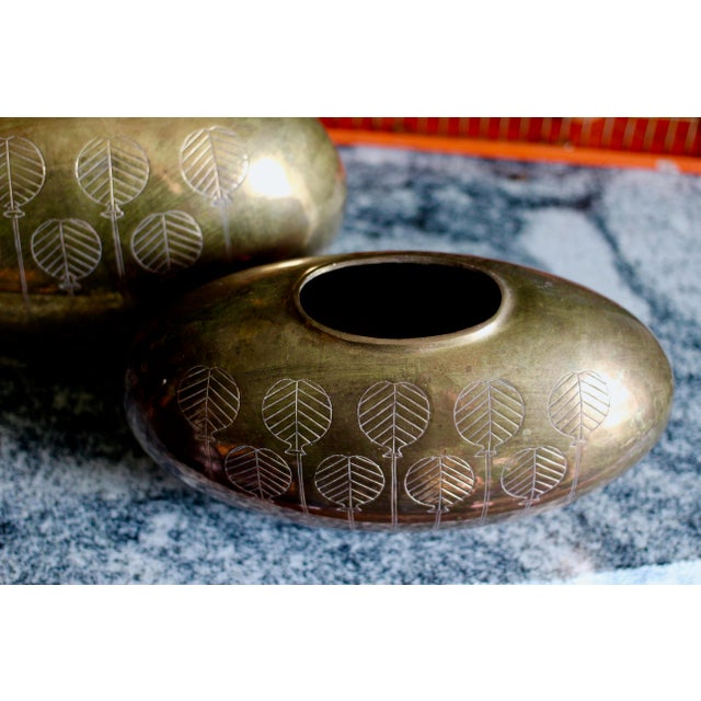 1970s 1970s Art Deco Brass Flower Motif Vases - a Pair For Sale - Image 5 of 8