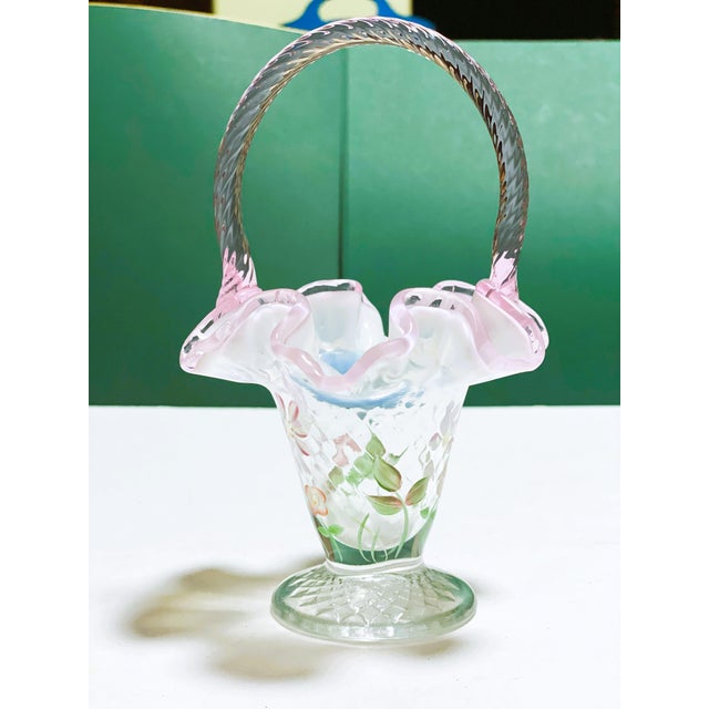 Signed Hand Painted Fenton Art Glass Basket, Pink Opalescent Ruffled Edge, Signed S. Massey For Sale - Image 12 of 16