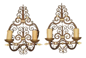 1940s Wrought Iron French Sconces With Gilt Highlights, 1940s - a Pair