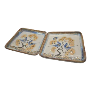 Vintage Signed Mexican Stoneware Trays (Set of Two) With Hand-Painted Blue Birds