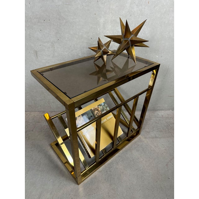 Vintage belgochrom side table / magazine rack with smoked glass (top) and gilded frame. Made in belgium. 1970s (hollywood...