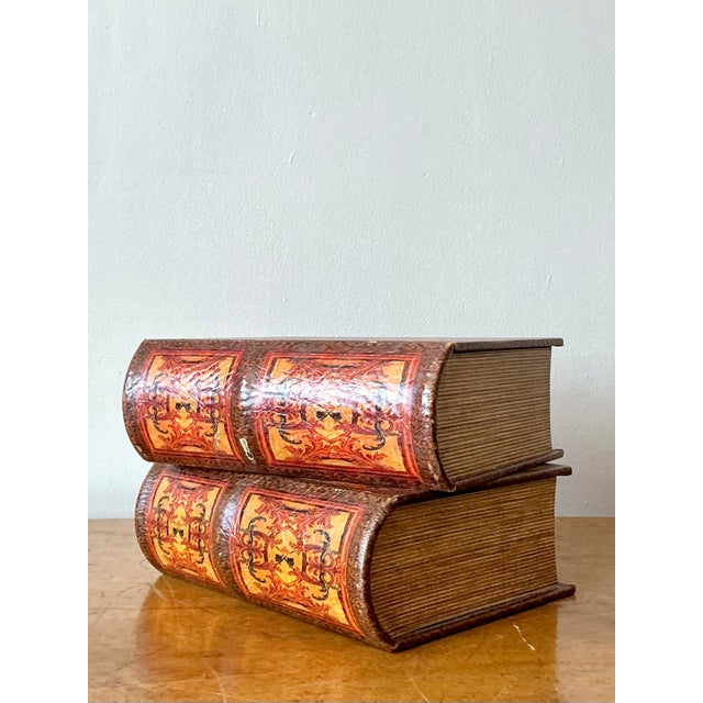 Vintage Boho Leather Bound Book Boxes - Set of 2 For Sale - Image 4 of 9