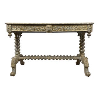 Antique Victorian Oak Writing Table with Carved Decoration For Sale