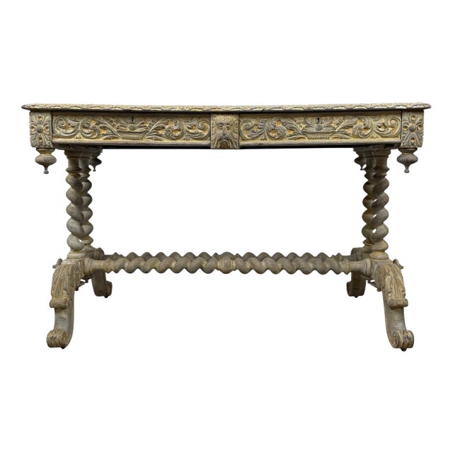 Antique Victorian Oak Writing Table with Carved Decoration For Sale