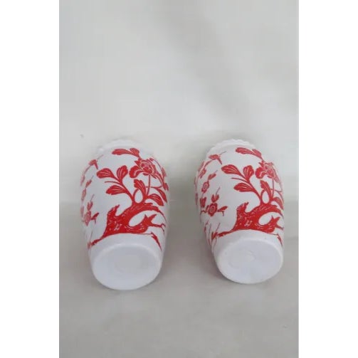 Glass Anchor Hocking Red Birds Cherry Blossoms Milk Glass Vases a Pair For Sale - Image 7 of 11