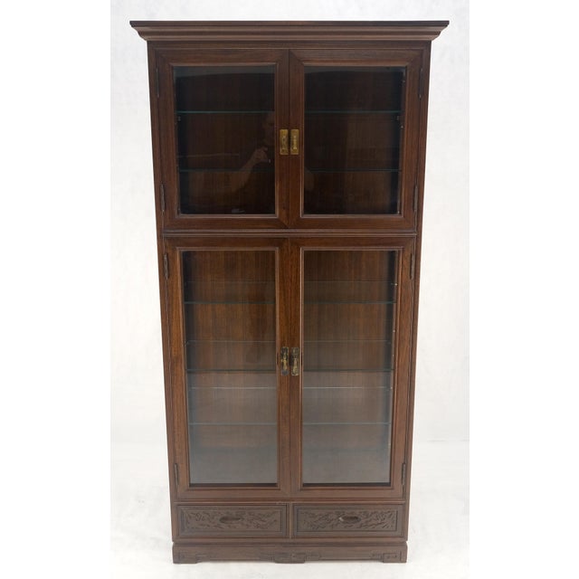 English 4 Doors Carved Teak 5 Shelves 2 Bottom Drawers 72" Tall Curio Cabinet Showcase For Sale - Image 3 of 14
