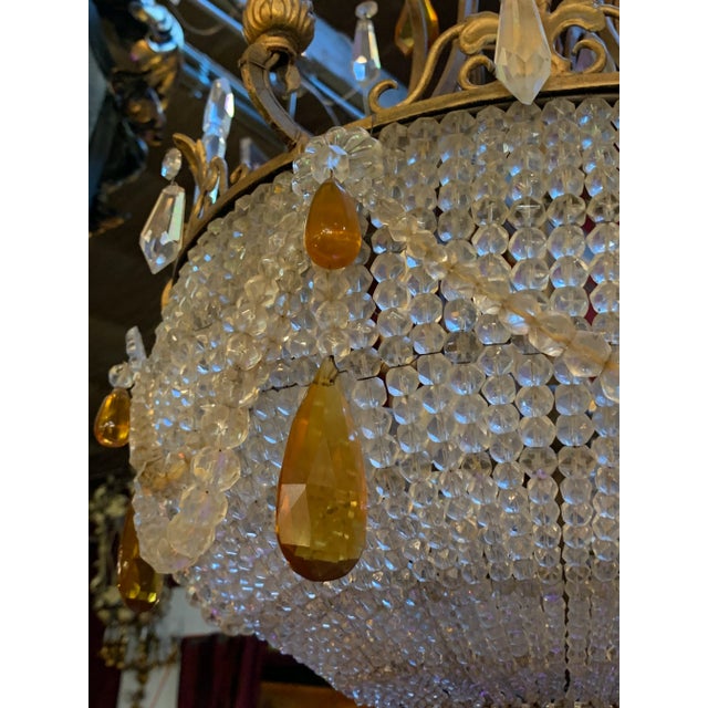 Bronze Antique French Empire Style Crystal Basket Chandelier With Gilt Bronze Frame For Sale - Image 8 of 9