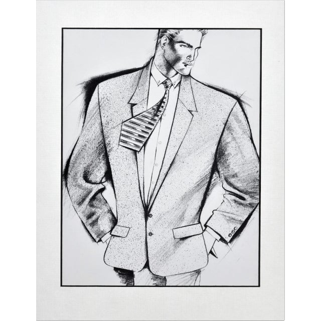 For the DAPPER man! Pair of 1985 matted men's fashion prints for Pierre Cardin suits. Purchased in Paris. Done in black...