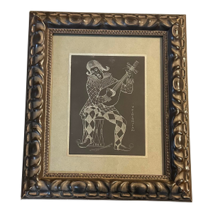 1940’s Original Folk Art Black and White Jester Lithograph