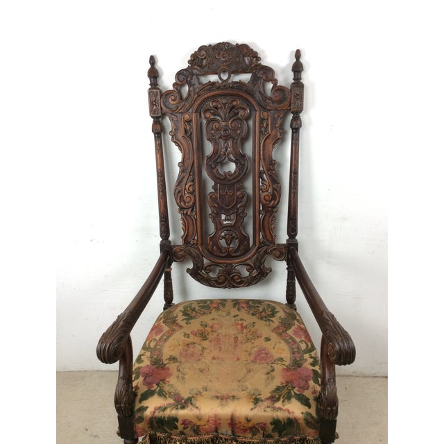 Antique Baroque Style High Back Throne Chair With Carved Wood Detail and Upholstered Seat For Sale - Image 10 of 16
