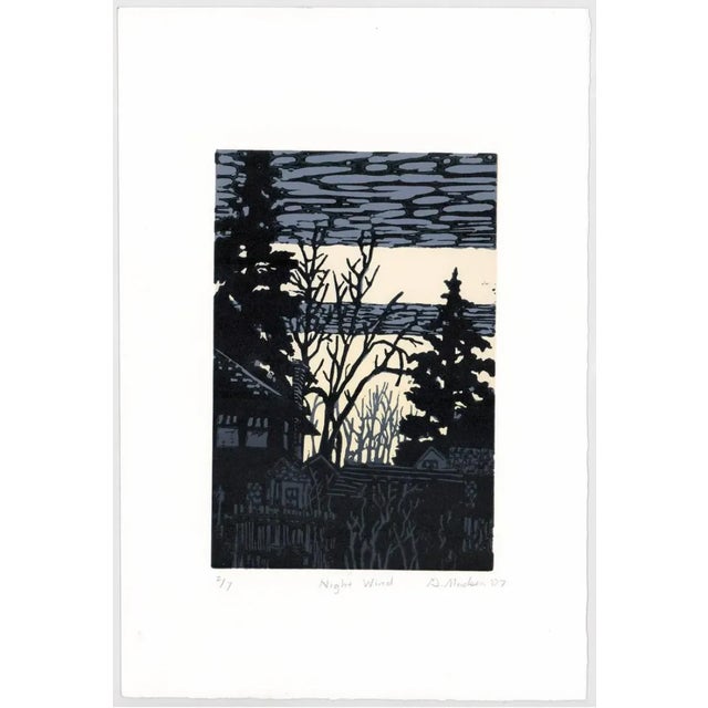 "Night Wind" Wyoming landscape linocut by Laramie Wyoming artist Ginnie Madsen. Pencil signed and numbered 2 of 7.