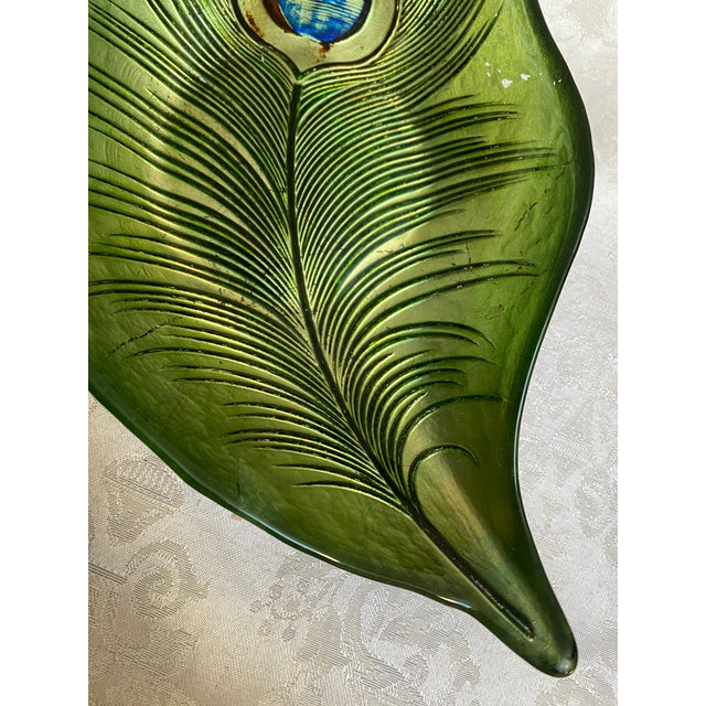Pair Vintage 1960s Mid-Century Modern Reverse Painted Art Glass Peacock Feather Reverse Painted Bowls For Sale - Image 6 of 10