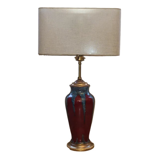 Red Glazed Sandstone Table Lamp, 1950s For Sale