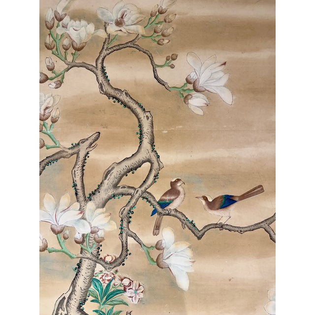 Chinese Export Six Panel Screen Circa 1920s, Hand-Painted Chinoiserie Garden With Birds For Sale - Image 14 of 16