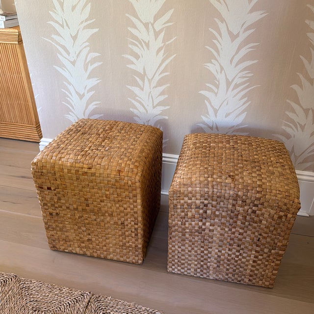 Pair of Vintage Woven Natural Fiber Cube Ottomans For Sale - Image 9 of 12