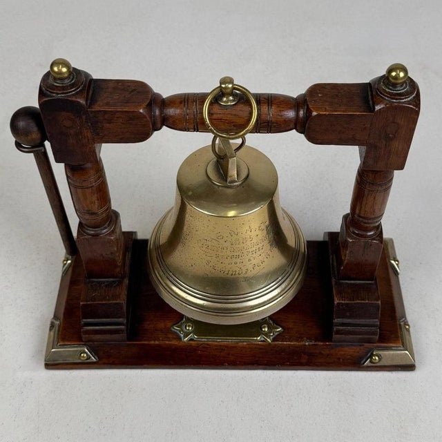Antique English Edwardian Nautical Brass Bell with Oak Stand, 1900s For Sale - Image 10 of 12