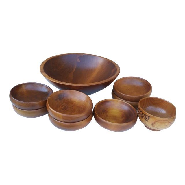 Vintage Wooden Salad Bowl Set - 9pcs For Sale
