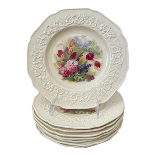8 VTG Crown Ducal Gainsborough Floral Print Embossed Rim Salad or Dessert Plates For Sale