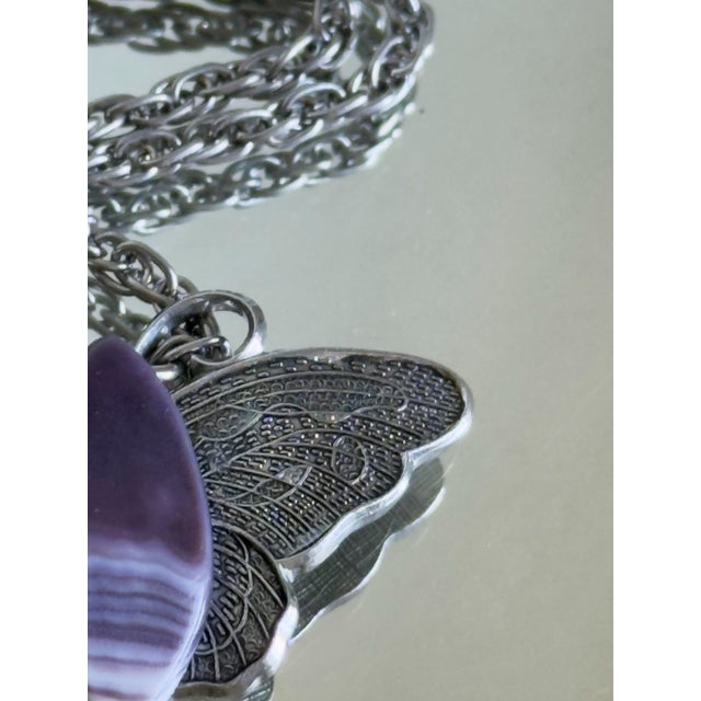Purple Vintage 1970s Silver Tone Butterfly Pendant Necklace With Purple Banded Agate Cabochon For Sale - Image 8 of 15