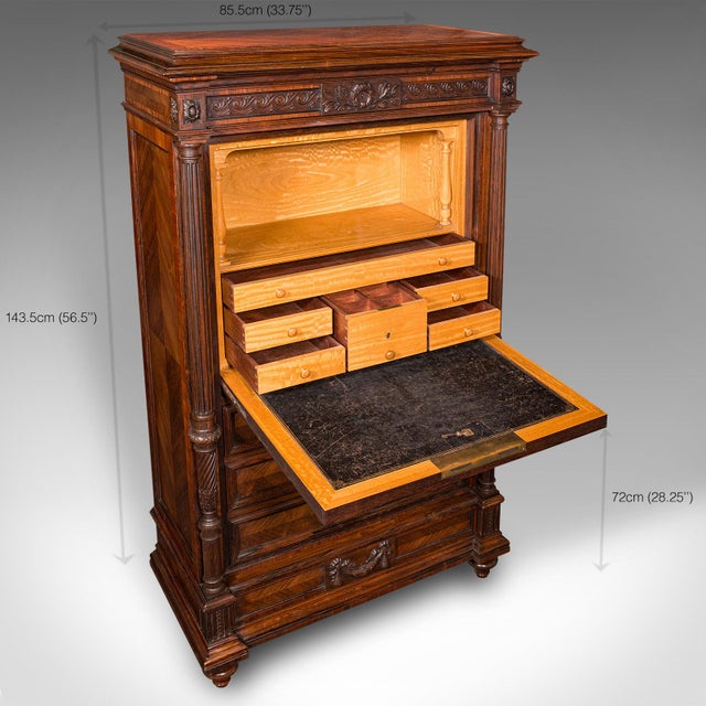 Antique Tallboy Correspondence Desk, French, Kingwood, Escritoire, Victorian For Sale - Image 12 of 12
