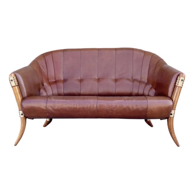 Mid Century Palmwood & Leather Loveseat by Pacific Green For Sale