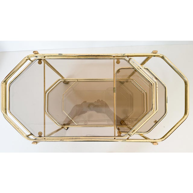 Mid 20th Century Italian Modern Rolling Drinks Cart or Console Trolley of Brass and Smoked Glass For Sale - Image 14 of 14