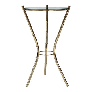 Hollywood Regency Style Vintage Glass Top Faux Bamboo Side Table in a Brass Finish For Sale
