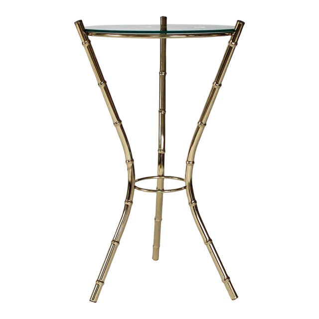 Hollywood Regency Style Vintage Glass Top Faux Bamboo Side Table in a Brass Finish For Sale