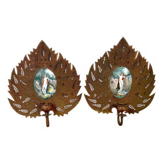 Pair Orientalist Bronze Palmette Candle Sconces Limoges Enamel Bather Plaques For Sale