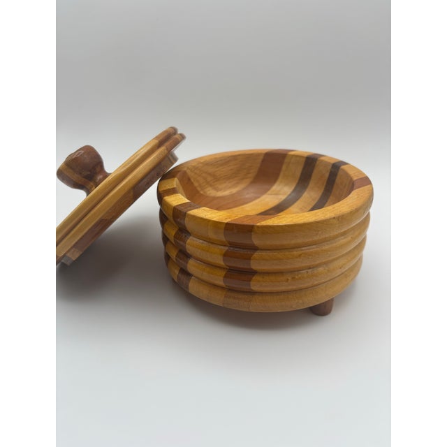 1996 Handcrafted Laminated Wood Lidded Bowl With Geometric Inlay For Sale - Image 9 of 11