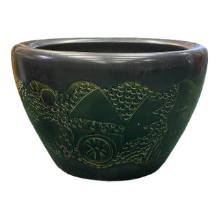 Chinese Dark Gray Black Ceramic Motif Pattern Accent Pot Planter For Sale