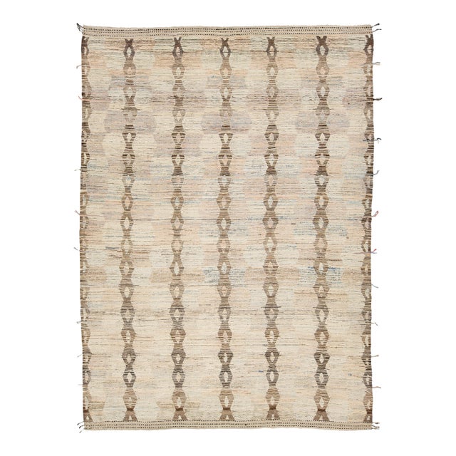 Room Size Modern Moroccan Style Wool Rug in Beige With Tribal Pattern For Sale